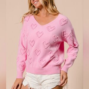 BiBi Pompom V Neck Knit Top Pale Pink Heart Pattern Sweater Sz Medium [6-8]